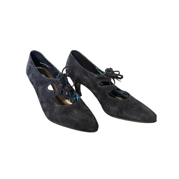 Lord & Taylor Navy Suede Lace-Up Cutout Kitten Heels Olivette 7M Retro - Picture 6 of 13